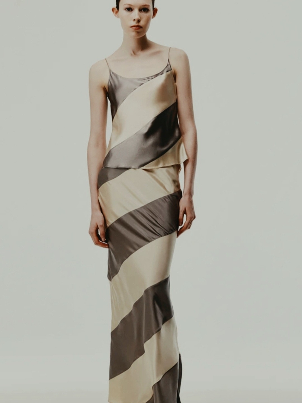 Striped Satin Slip Maxi Skirt in White and Grey